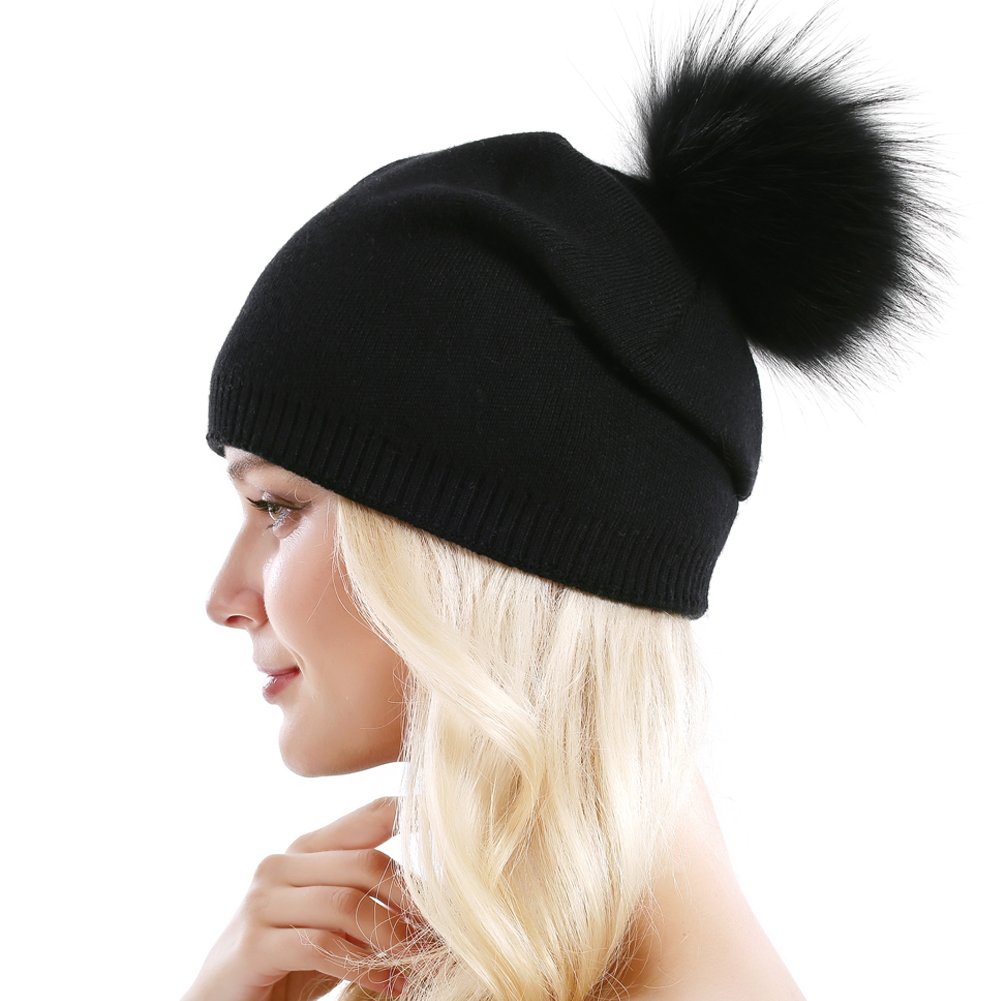 Women Knit Wool Beanie - Winter Fashion Solid Wool Hats Real Removable Raccoon Fur Pom Pom Warm Ski Beanie