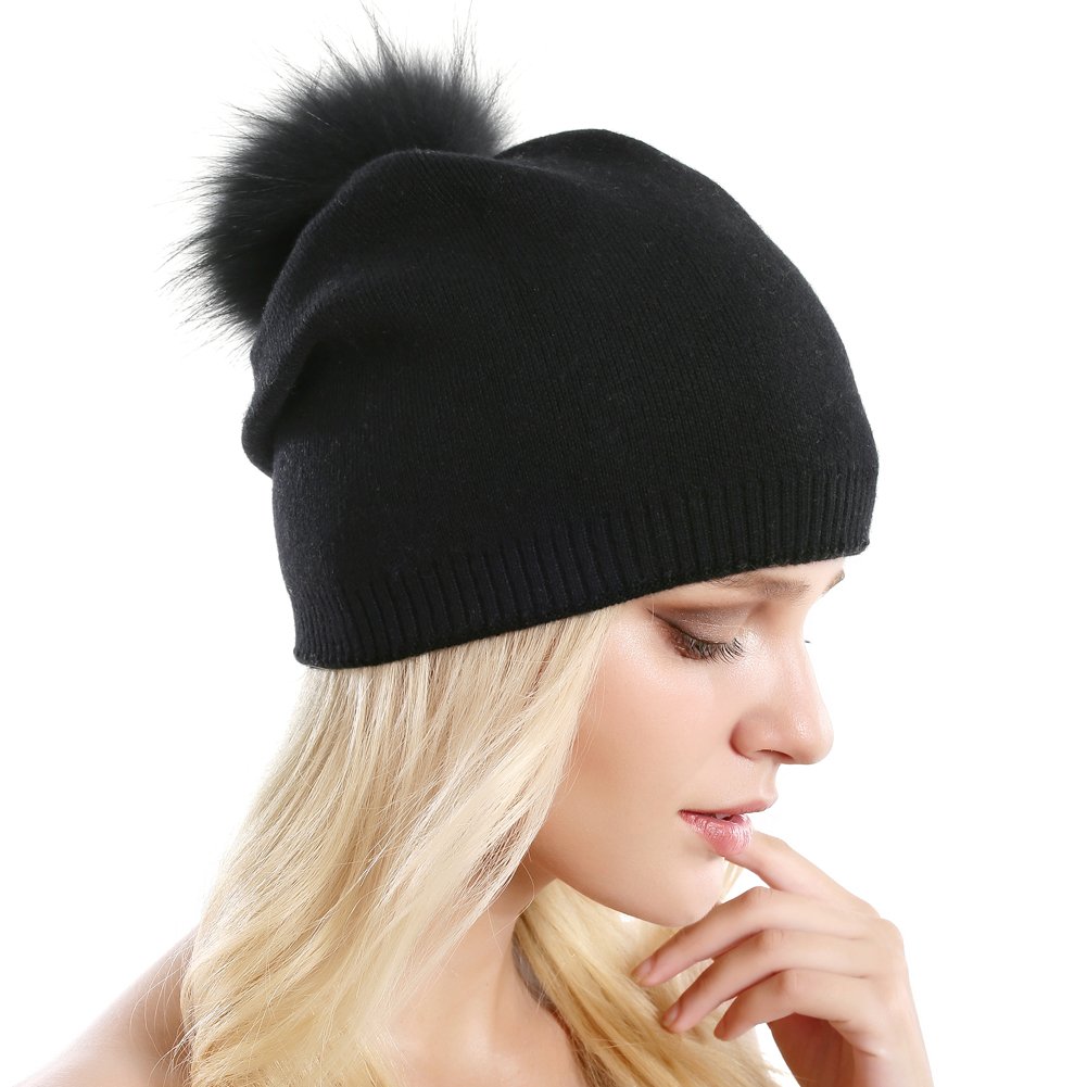 Women Knit Wool Beanie - Winter Fashion Solid Wool Hats Real Removable Raccoon Fur Pom Pom Warm Ski Beanie