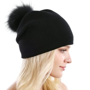 Women Knit Wool Beanie - Winter Fashion Solid Wool Hats Real Removable Raccoon Fur Pom Pom Warm Ski Beanie