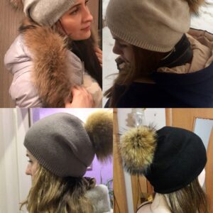 Women Knit Wool Beanie - Winter Fashion Solid Wool Hats Real Removable Raccoon Fur Pom Pom Warm Ski Beanie