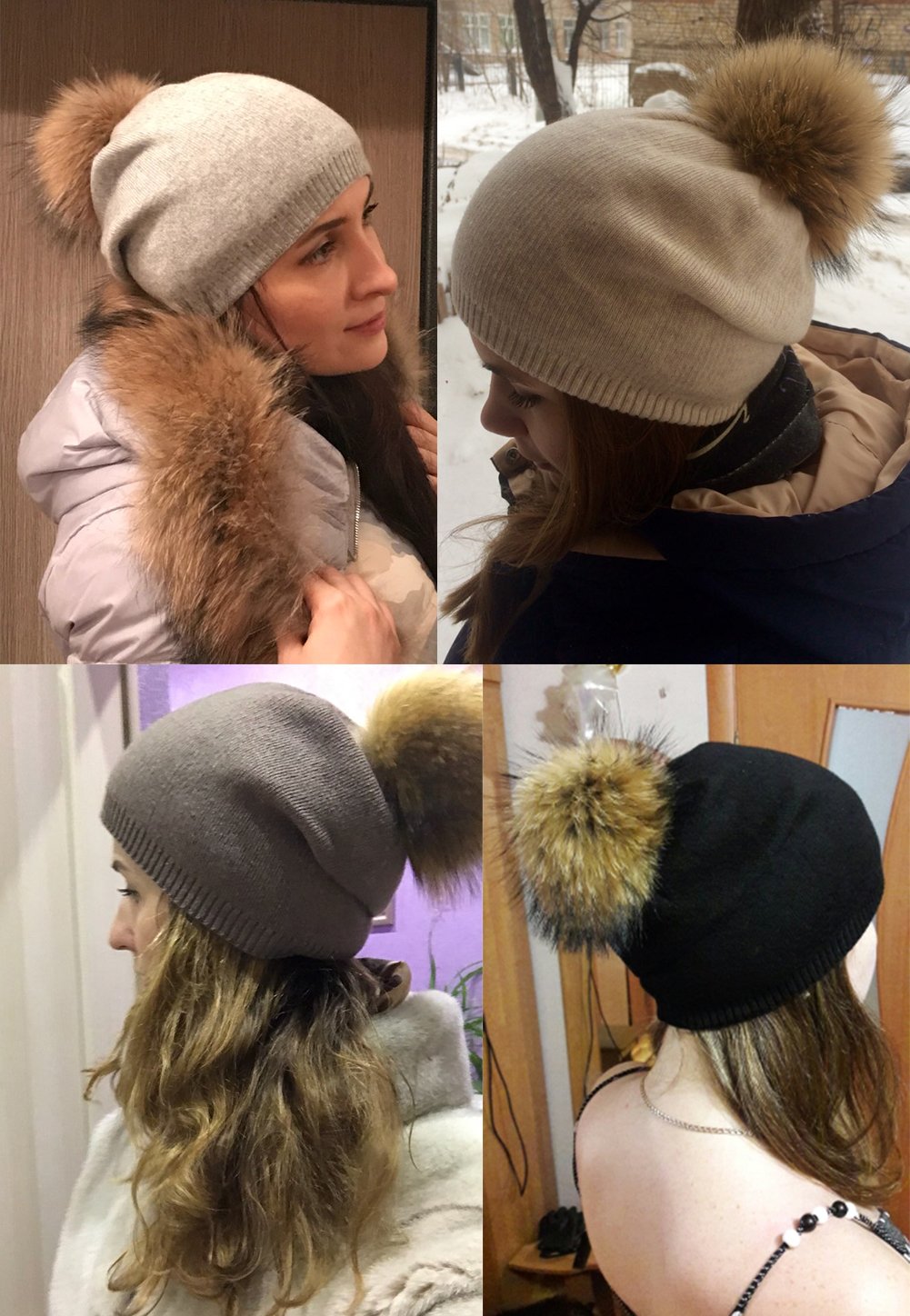 Women Knit Wool Beanie - Winter Fashion Solid Wool Hats Real Removable Raccoon Fur Pom Pom Warm Ski Beanie