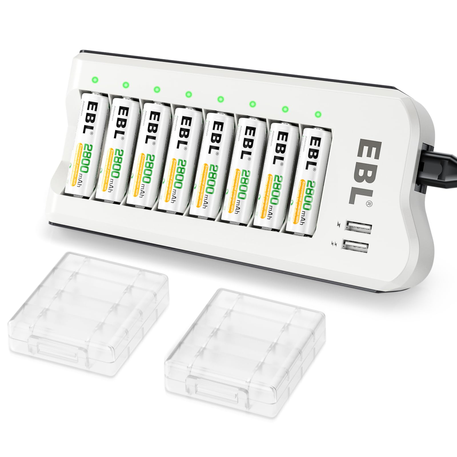 EBL 2800mAh Ni-MH AA Rechargeable Batteries (8 Pack) and Rechargeable AA AAA Battery Charger with 2 USB Charging Ports