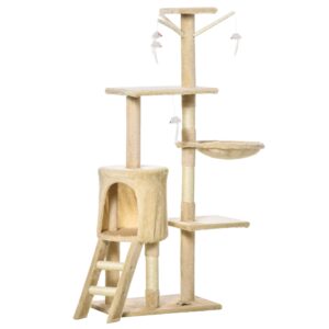 pawhut 53" plush sturdy interactive cat condo tower scratching post activity tree house - beige