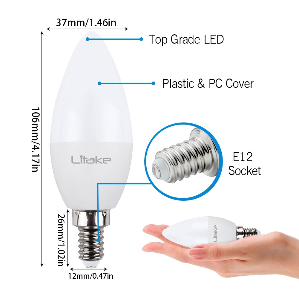 Litake E12 LED Bulbs 60W Equivalent,E12 LED Candelabra Bulbs Daylight,LED Ceiling Fan Light Bulbs, 5000K LED Chandelier Bulb, 600 Lumens, Candelabra Base Ceiling Fan Light Bulbs,12 Pack