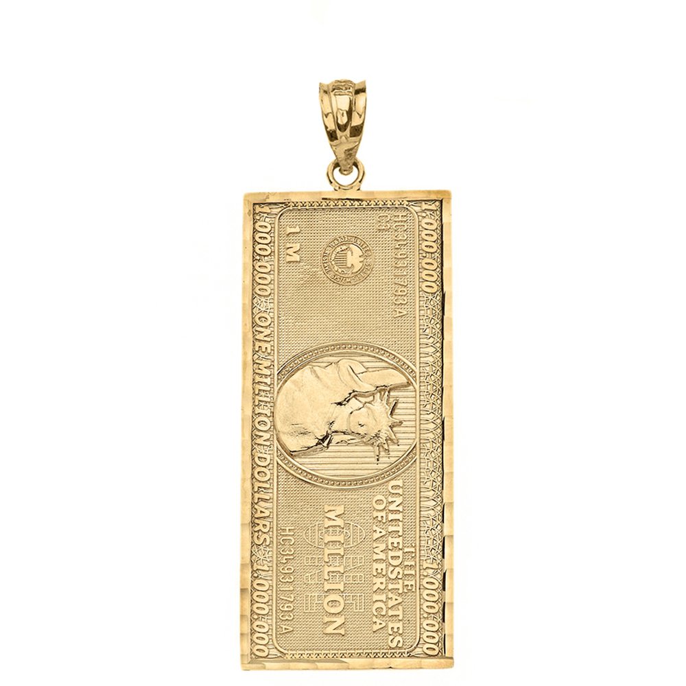 Solid 14k Yellow Gold $1 Million Dollar Bill Necklace Pendant (Large)