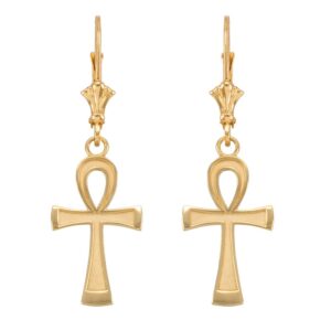 10k Yellow Gold Egyptian Ankh Cross Leverback Earrings