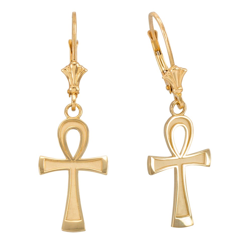 10k Yellow Gold Egyptian Ankh Cross Leverback Earrings