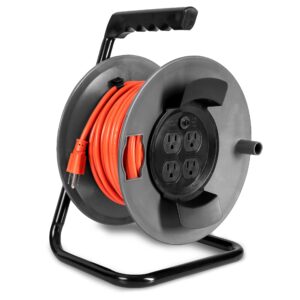 iron forge cable 50 ft extension cord reel with 4 electrical power outlets & breaker switch - 16/3 sjtw heavy duty orange cable with 3 prong grounded plug - portable extension cord reel with breaker