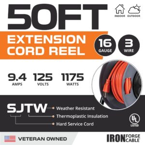 IRON FORGE CABLE 50 Ft Extension Cord Reel with 4 Electrical Power Outlets & Breaker Switch - 16/3 SJTW Heavy Duty Orange Cable with 3 Prong Grounded Plug - Portable Extension Cord Reel with Breaker