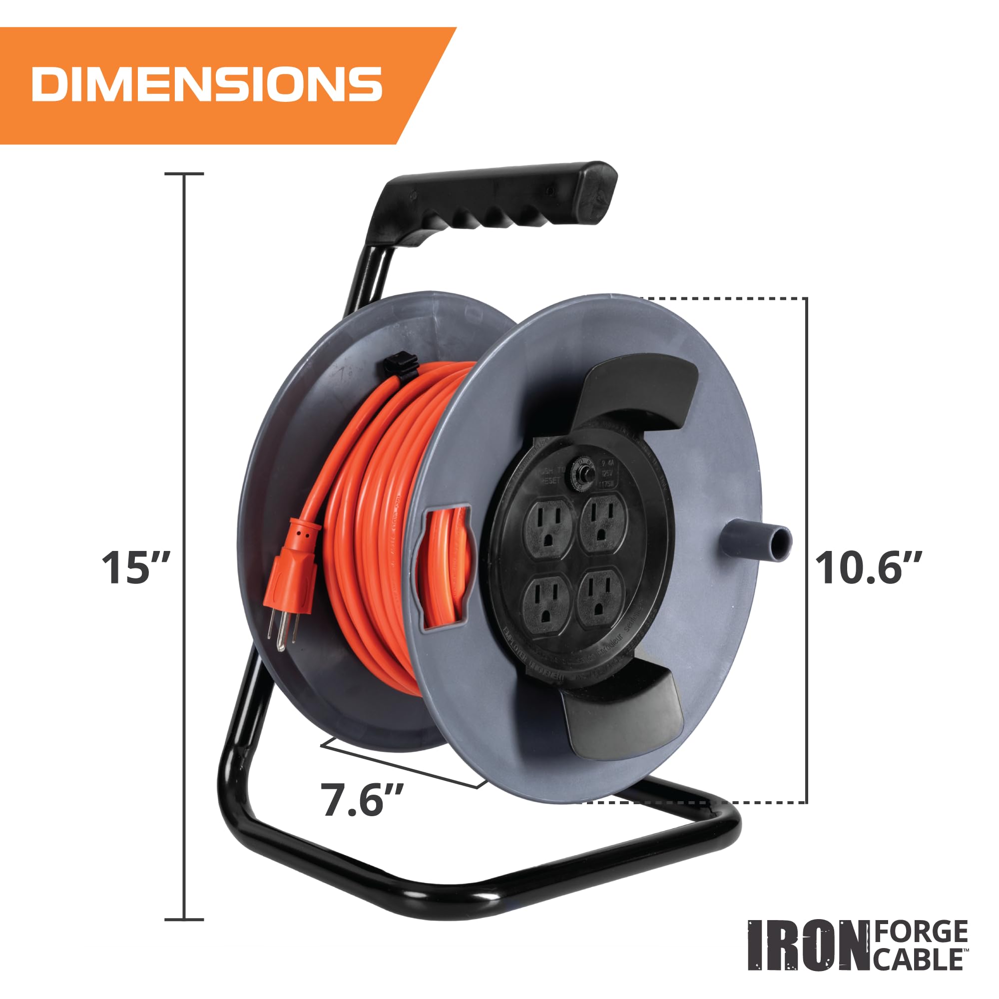 IRON FORGE CABLE 50 Ft Extension Cord Reel with 4 Electrical Power Outlets & Breaker Switch - 16/3 SJTW Heavy Duty Orange Cable with 3 Prong Grounded Plug - Portable Extension Cord Reel with Breaker