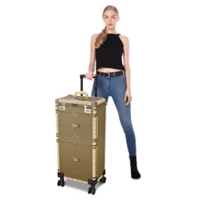 BYOOTIQUE Rolling 15x11x33" Makeup Stylist Train Case Hair Salon Clipper Trimmer Box Bronze with 360 Degree Wheel