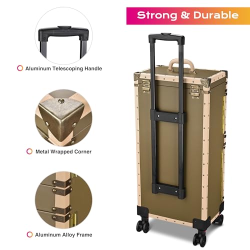 BYOOTIQUE Rolling 15x11x33" Makeup Stylist Train Case Hair Salon Clipper Trimmer Box Bronze with 360 Degree Wheel