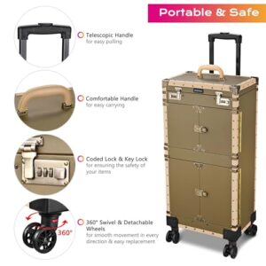 BYOOTIQUE Rolling 15x11x33" Makeup Stylist Train Case Hair Salon Clipper Trimmer Box Bronze with 360 Degree Wheel