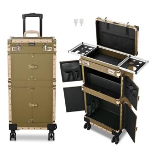 BYOOTIQUE Rolling 15x11x33" Makeup Stylist Train Case Hair Salon Clipper Trimmer Box Bronze with 360 Degree Wheel