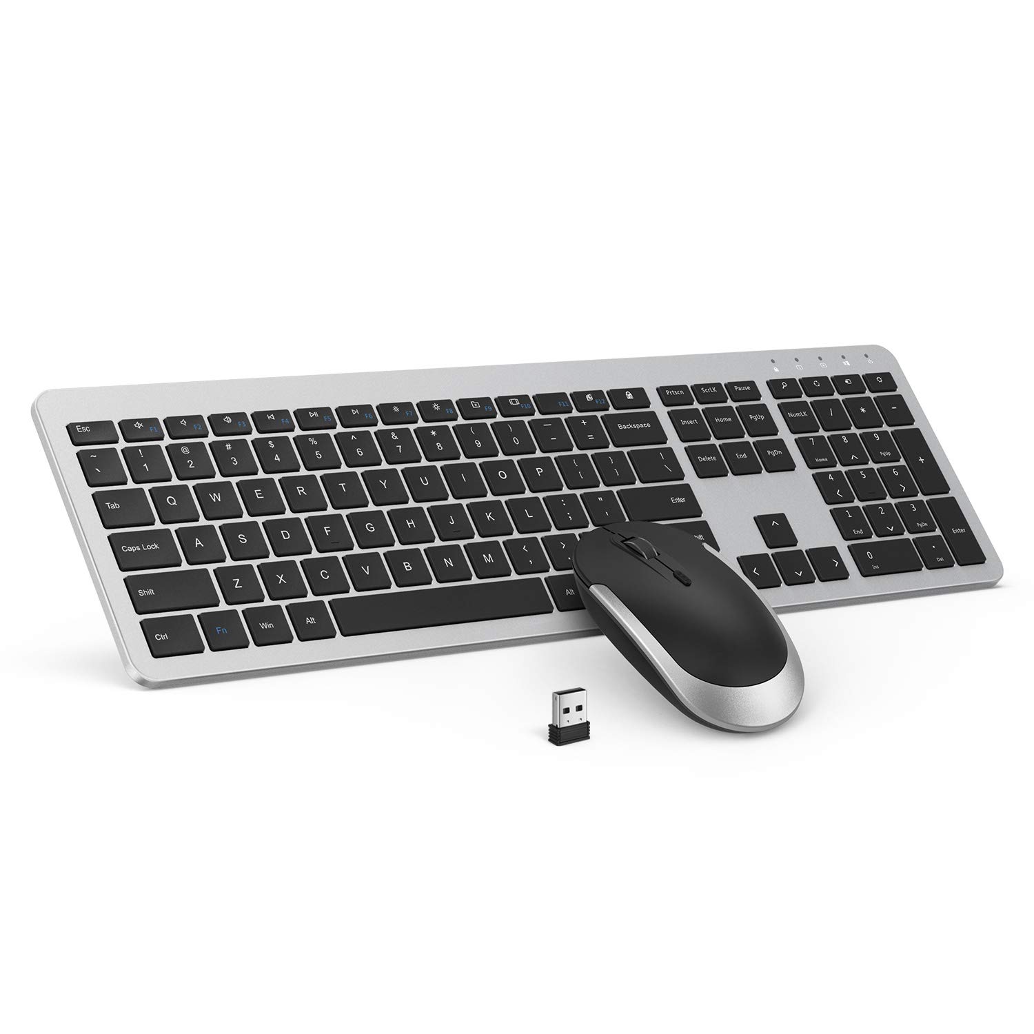 Wireless Keyboard and Mouse Combo - seenda Full Size Slim Thin Wireless Keyboard Mouse with On/Off Switch on Both Keyboard and Mouse - (Black and Silver)