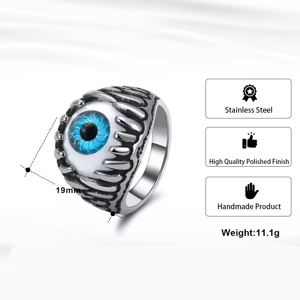 Blue Evil Eye Ring for Women by Ginge Lyne, Eyeball Biker Ring for Men Stainless Steel Gothic Punk Design