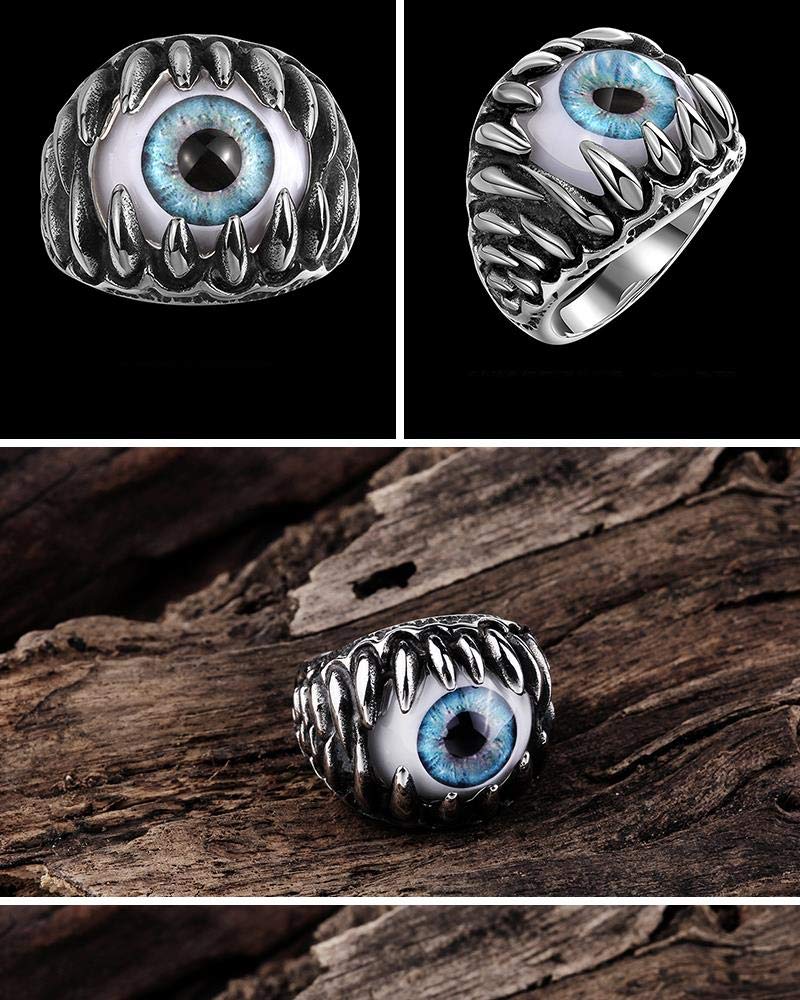 Blue Evil Eye Ring for Women by Ginge Lyne, Eyeball Biker Ring for Men Stainless Steel Gothic Punk Design