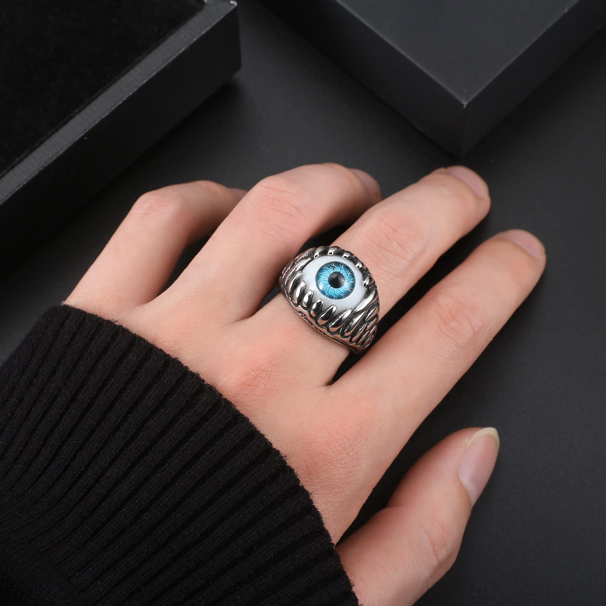 Blue Evil Eye Ring for Women by Ginge Lyne, Eyeball Biker Ring for Men Stainless Steel Gothic Punk Design