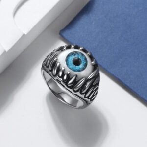 Blue Evil Eye Ring for Women by Ginge Lyne, Eyeball Biker Ring for Men Stainless Steel Gothic Punk Design