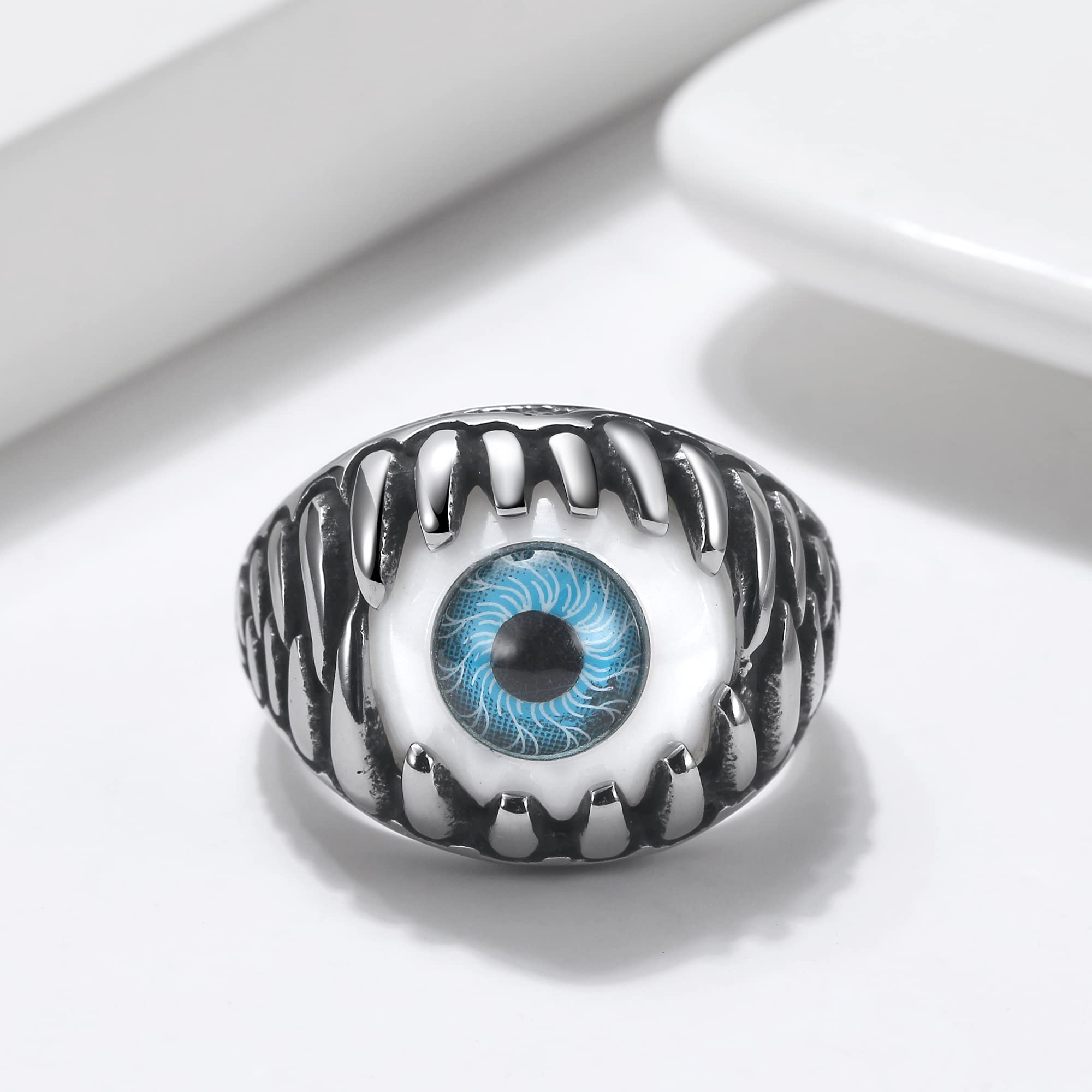 Blue Evil Eye Ring for Women by Ginge Lyne, Eyeball Biker Ring for Men Stainless Steel Gothic Punk Design