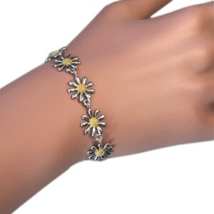 Paul Wright 925 Sterling Silver Daisy Bracelet, 10 Daisies with 18K Gold Plated Centres, 7” plus 1” Extender