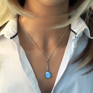 Paul Wright Created Blue Opal Necklace, in 925 Sterling Silver, 15mm x 10mm Oval Drop Pendant Design, Vibrant Blue Color, 16” plus 2” Extender