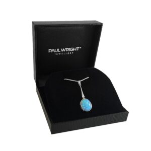 Paul Wright Created Blue Opal Necklace, in 925 Sterling Silver, 15mm x 10mm Oval Drop Pendant Design, Vibrant Blue Color, 16” plus 2” Extender