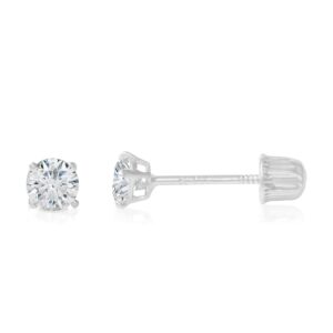 14K White Solid Gold Round Solitaire Cubic Zirconia CZ Stud Screw Back Earrings Pair - 0.05ct (2mm)