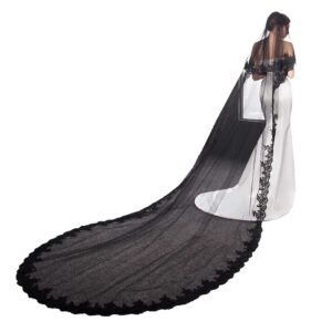 Cibelle Black Wedding Veil 2 Layers 3 Meters Long Lace Bridal Veil with Metal Comb