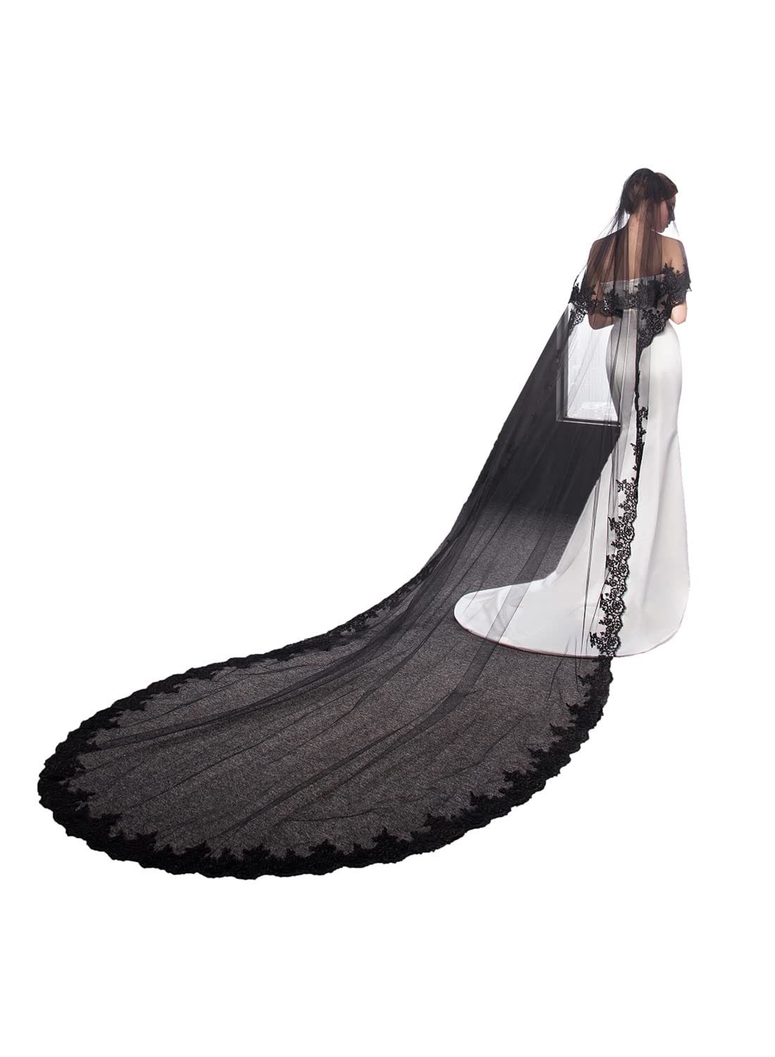 Cibelle Black Wedding Veil 2 Layers 3 Meters Long Lace Bridal Veil with Metal Comb