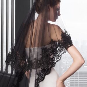 Cibelle Black Wedding Veil 2 Layers 3 Meters Long Lace Bridal Veil with Metal Comb