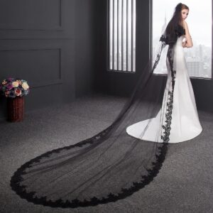 Cibelle Black Wedding Veil 2 Layers 3 Meters Long Lace Bridal Veil with Metal Comb