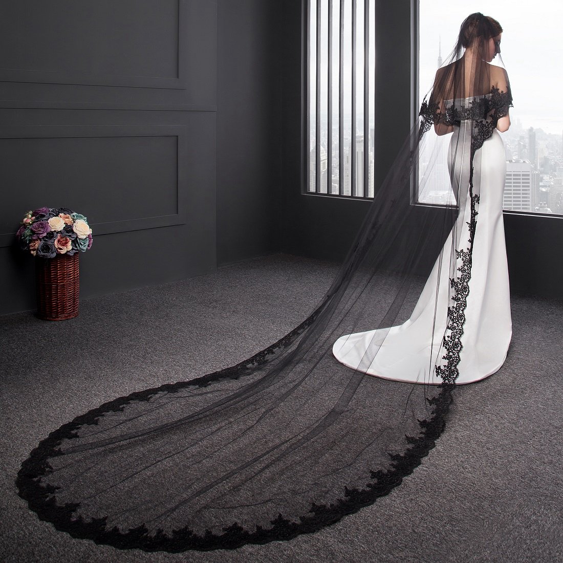 Cibelle Black Wedding Veil 2 Layers 3 Meters Long Lace Bridal Veil with Metal Comb