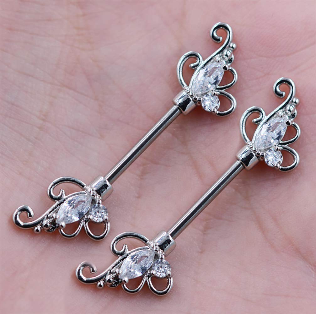 Gabry&jwl 2Pcs Vintage Flower Nipplerings 14G Stainless Steel Straight Barbell Nipple Ring Floral Filigree Inlay Cubic Zirconia Butterfly Wings Nipple Piercing for Women(Silver)