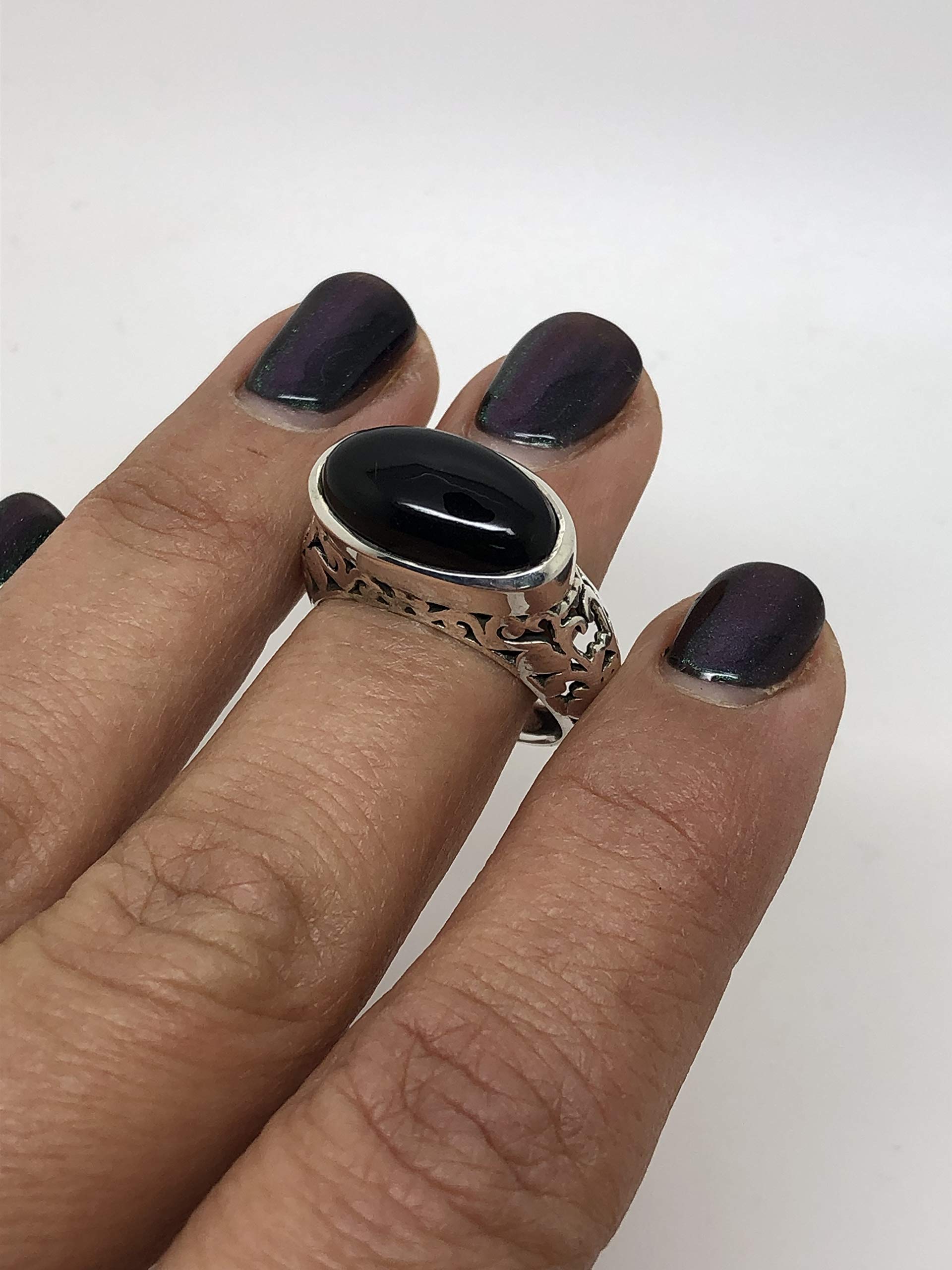 Black Onyx Vintage Gipsy Lace Ring 925 Sterling Silver Oval Stone Boho Chic US Size 7 8 9 (8)