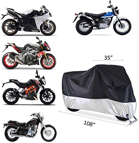 Motorcycle Cover, Ohuhu All Season Waterproof Snowproof Motorbike Covers with Lock Holes, Fits up to 108" Motors Bikes Scooters for Honda, Yamaha, Suzuki, Harley, Kawasaki(XX Large), Black-Silver