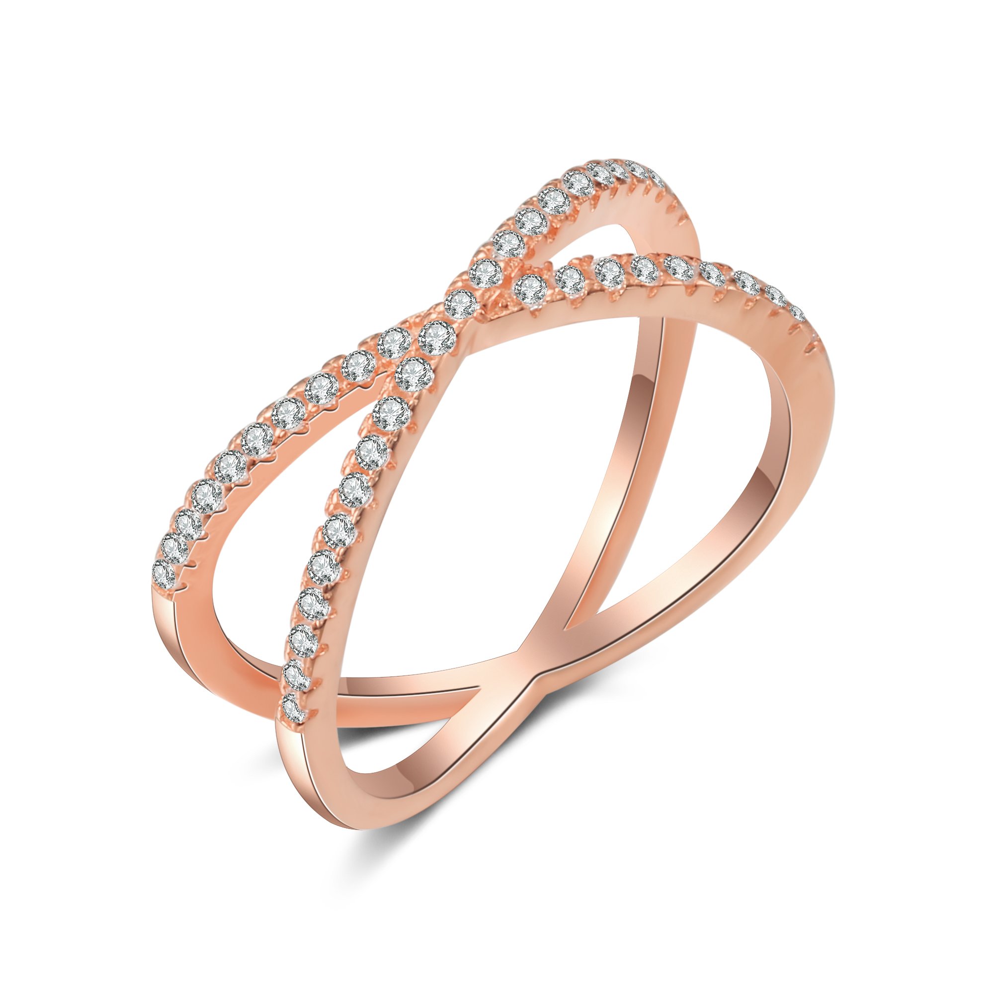 X Ring Sterling Silver, Cubic Zirconia X Criss Cross Ring for Women, (rose-gold-plated-silver, 6)