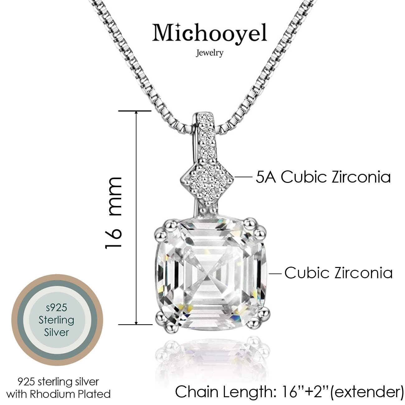 Michooyel S925 2ct Cubic Zirconia Asscher Cut Women's Pendant Necklace Sterling Silver Gemstone Necklace for Women