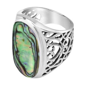 AeraVida Vintage Elegant Large Oval Abalone Shell Intricate Heart Filigree .925 Sterling Silver Ring (6) For Women