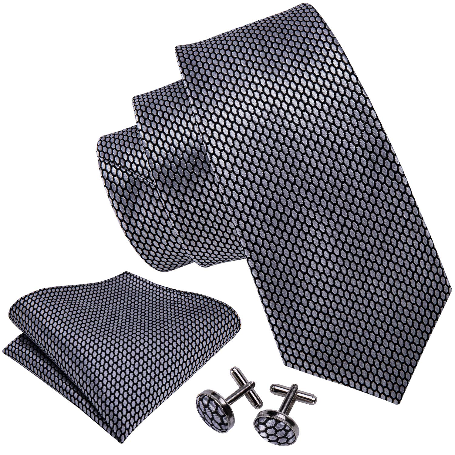 Barry.Wang Men Tie Set Plaid Silver Grey Black Silk Necktie Handkerchief Cufflinks Formal Business Wedding Party