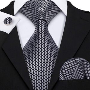 Barry.Wang Men Tie Set Plaid Silver Grey Black Silk Necktie Handkerchief Cufflinks Formal Business Wedding Party