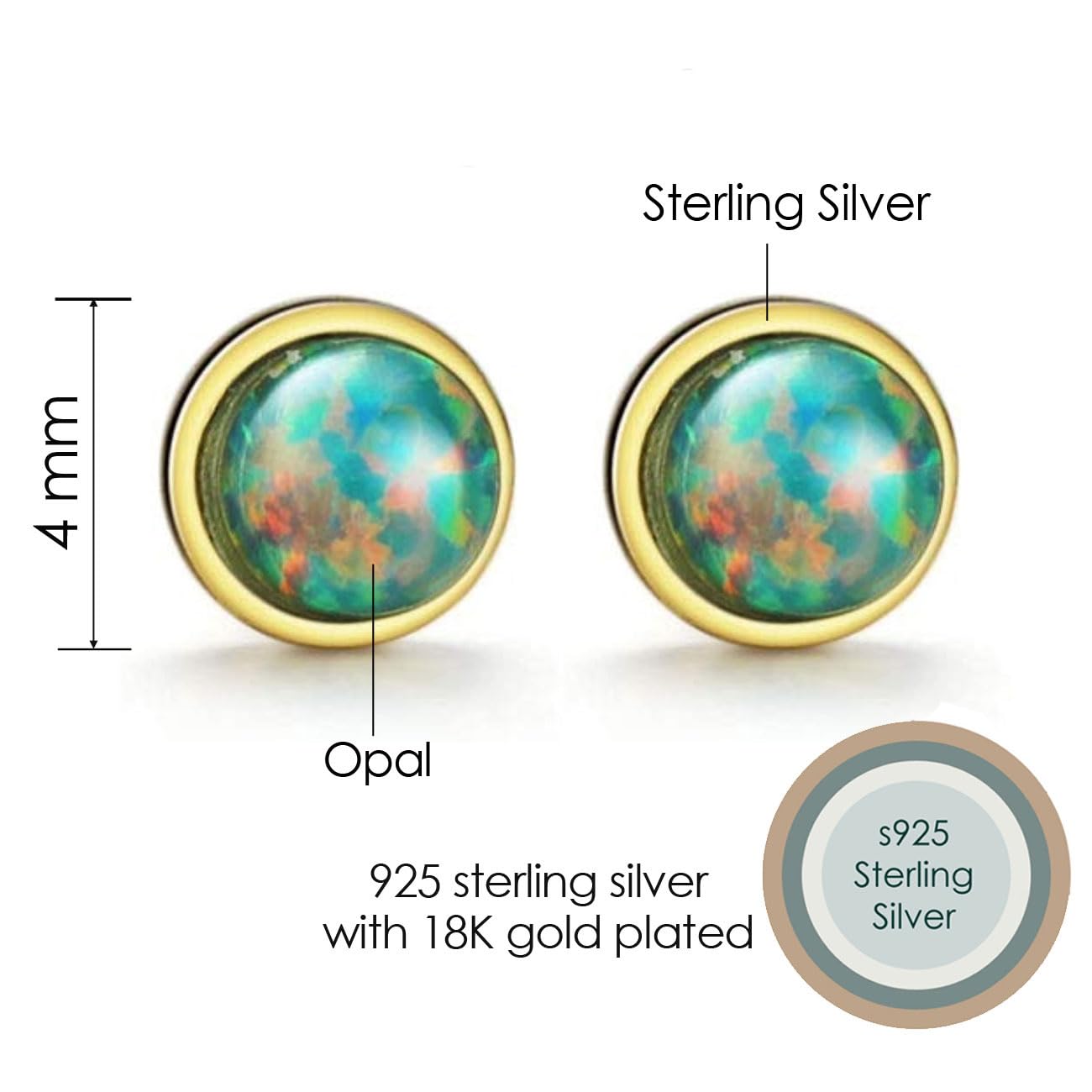 Sterling Silver Opal Stud Earrings for Women 18K Gold Plated Tiny Gemstone Stacking Earrings Birthstone Women's Earrings