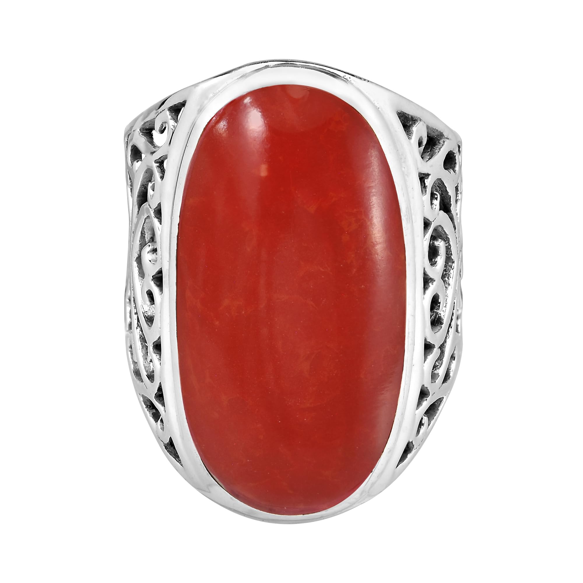 AeraVida Bold Lrg Oval Reconstructed Red Coral Intricate Heart Filigree .925 Sterling Silver Ring (8)