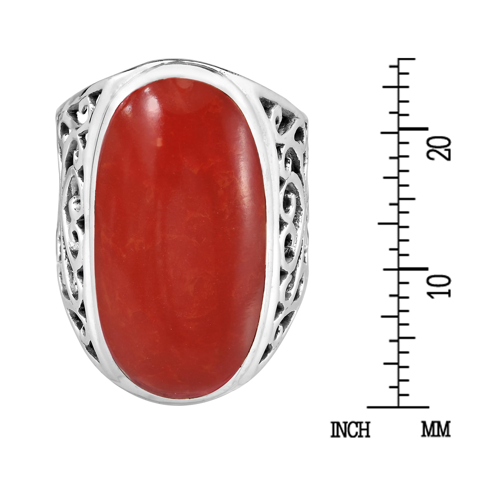 AeraVida Bold Lrg Oval Reconstructed Red Coral Intricate Heart Filigree .925 Sterling Silver Ring (8)