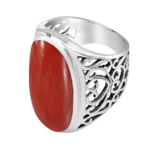 AeraVida Bold Lrg Oval Reconstructed Red Coral Intricate Heart Filigree .925 Sterling Silver Ring (8)