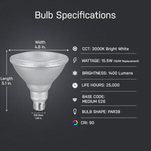 Feit Electric PAR38 LED Bulb, 120W Equivalent, Non Dimmable, 3000k Bright White, 1400 Lumens, 22 Year Lifespan, E26 Base, PAR38 Flood Light Bulb, CRI 90, Damp Rated, 1 Pack, PAR38DM/1400/930CA