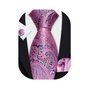 Barry.Wang Men Tie Set Paisley Pink Black Silk Necktie Pocket Square Cufflinks Formal Wedding Party Business