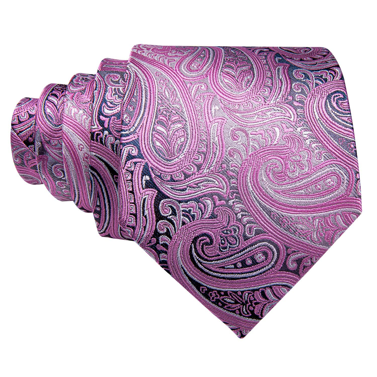 Barry.Wang Men Tie Set Paisley Pink Black Silk Necktie Pocket Square Cufflinks Formal Wedding Party Business