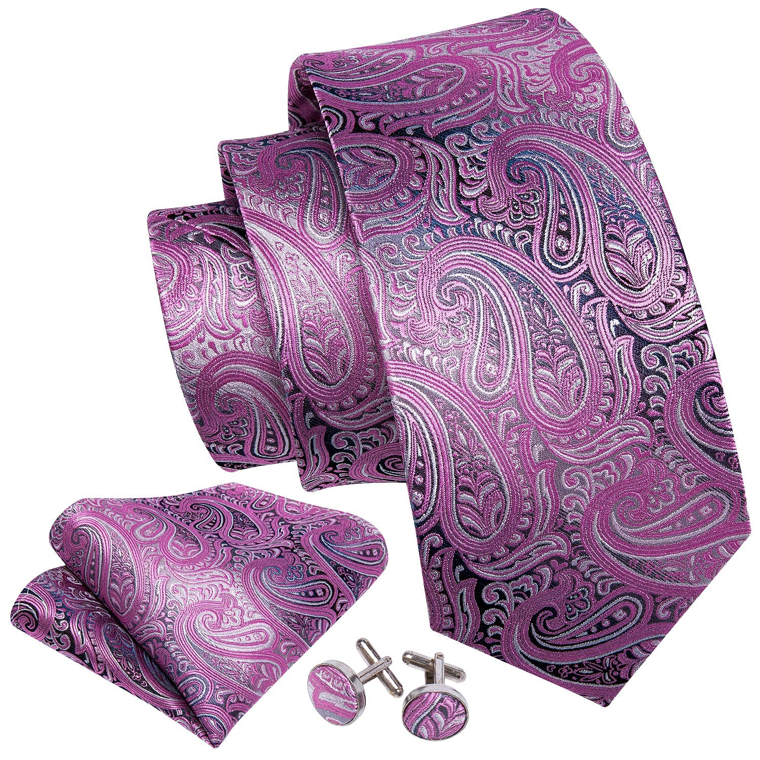 Barry.Wang Men Tie Set Paisley Pink Black Silk Necktie Pocket Square Cufflinks Formal Wedding Party Business