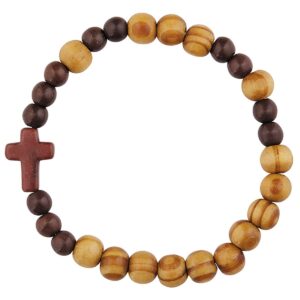 Junior's Olive Wood Religious Cross Stretch Rosary Bracelet, 2.6 Inch (Dia)